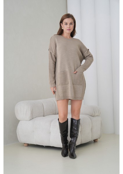 Kadın Kolları Uzun Kendinden Dokulu Bisiklet Yaka Tunik Boy Şık Kışlık Triko Kazak Cepli Elbise modelleri