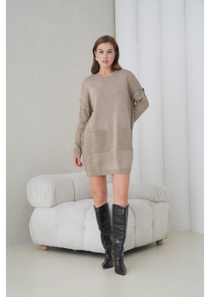 Kadın Kolları Uzun Kendinden Dokulu Bisiklet Yaka Tunik Boy Şık Kışlık Triko Kazak Cepli Elbise fırsatları