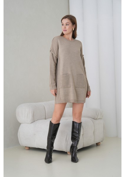 Kadın Kolları Uzun Kendinden Dokulu Bisiklet Yaka Tunik Boy Şık Kışlık Triko Kazak Cepli Elbise indirimleri