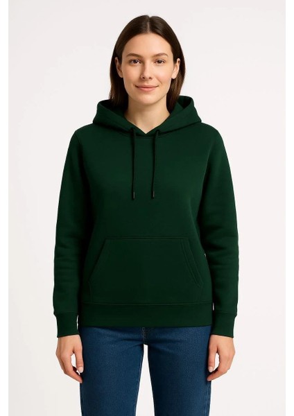 Kadın Üç Iplik Kapüşonlu Kanguru Cepli Sweatshirt Hoodie - Haki modelleri