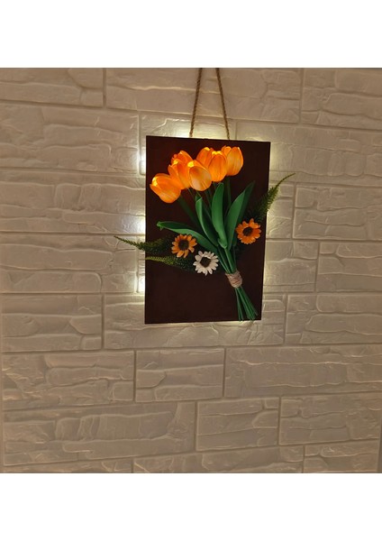 LED Işıklı Yapay Islak Lale Turuncu Renkli ve Aranjman Çiçek- Duvar Süsü - Gece Lambası - Dekor