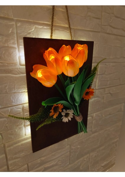 LED Işıklı Yapay Islak Lale Turuncu Renkli ve Aranjman Çiçek- Duvar Süsü - Gece Lambası - Dekor fiyatları