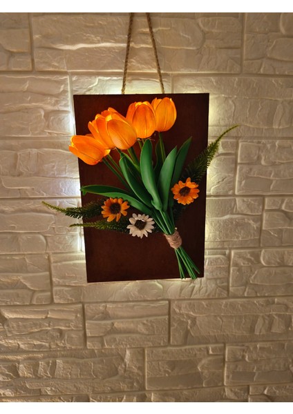 LED Işıklı Yapay Islak Lale Turuncu Renkli ve Aranjman Çiçek- Duvar Süsü - Gece Lambası - Dekor modelleri