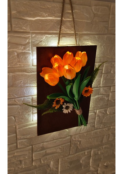 LED Işıklı Yapay Islak Lale Turuncu Renkli ve Aranjman Çiçek- Duvar Süsü - Gece Lambası - Dekor indirimleri