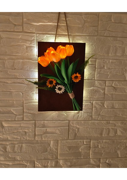 LED Işıklı Yapay Islak Lale Turuncu Renkli ve Aranjman Çiçek- Duvar Süsü - Gece Lambası - Dekor