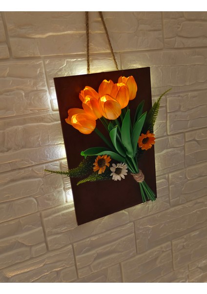 LED Işıklı Yapay Islak Lale Turuncu Renkli ve Aranjman Çiçek- Duvar Süsü - Gece Lambası - Dekor