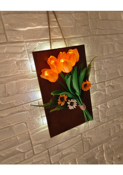 LED Işıklı Yapay Islak Lale Turuncu Renkli ve Aranjman Çiçek- Duvar Süsü - Gece Lambası - Dekor
