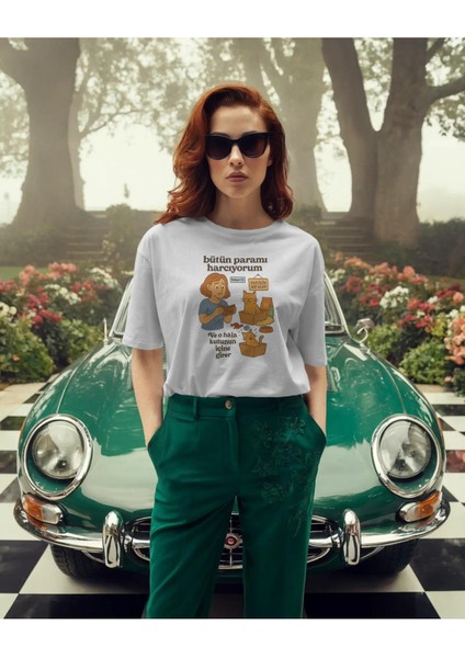 Bütün Paramı Harcıyorum Kedi Illüstrasyonlu Tişört – Mizahi Tasarım modelleri