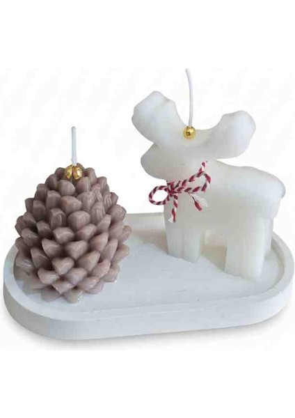 Kokulu Yılbaşı Temalı El Yapımı Geyik ve Kozalak Mum Seti – Tepsili Dekoratif Yeni Yıl Hediyesi
