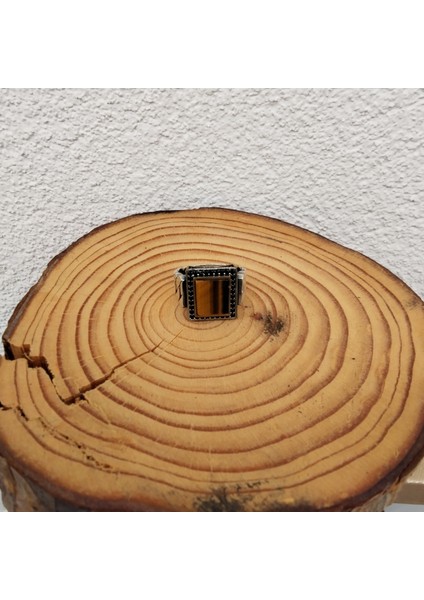 925 Ayar Gümüş Şık Tasarım Kahverengi Taşlı Erkek Yüzük – El Işçiliği - Yan Kenarları Tasarımlı