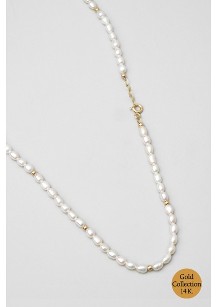 Doğal Inci Taşlı 42 cm 14 Ayar Sarı Altın Kolye