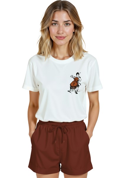 Kadın Beyaz Relaxed Fit %100 Pamuk Tişört – Çizgisel Viyolonsel & Müzik Illüstrasyonlu