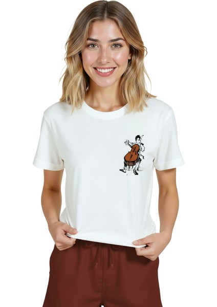 Kadın Beyaz Relaxed Fit %100 Pamuk Tişört – Çizgisel Viyolonsel & Müzik Illüstrasyonlu modelleri