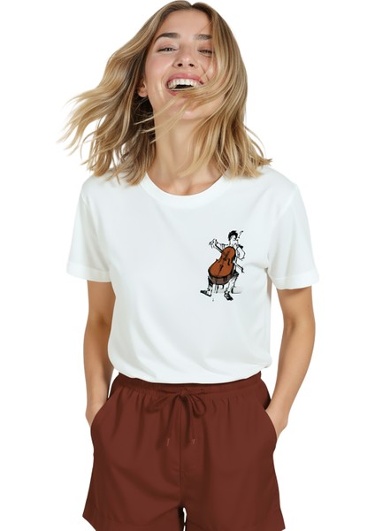 Kadın Beyaz Relaxed Fit %100 Pamuk Tişört – Çizgisel Viyolonsel & Müzik Illüstrasyonlu indirimleri