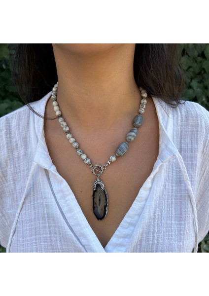 Havlit Doğal Taş Botswana Akik Doğaltaş Detaylı Dumanlı Kuvars Uçlu El Yapımı Özel Tasarım Kolye