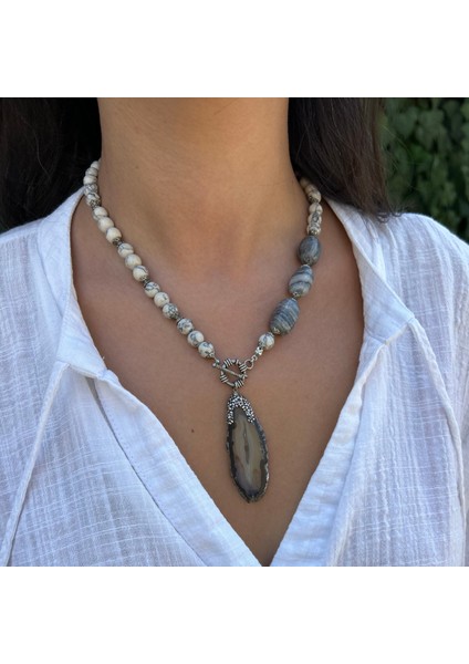 Havlit Doğal Taş Botswana Akik Doğaltaş Detaylı Dumanlı Kuvars Uçlu El Yapımı Özel Tasarım Kolye modelleri