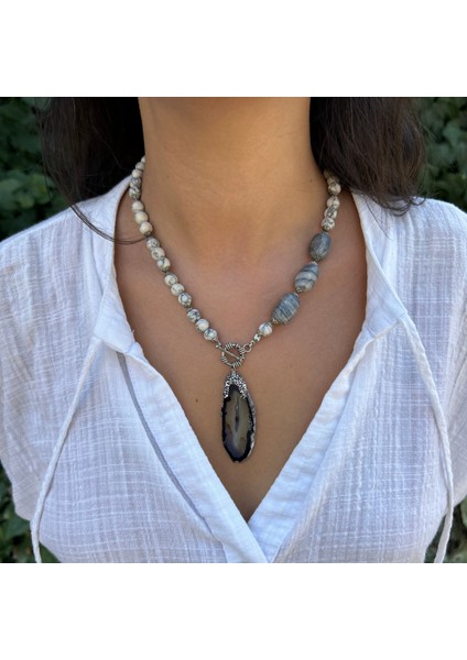 Havlit Doğal Taş Botswana Akik Doğaltaş Detaylı Dumanlı Kuvars Uçlu El Yapımı Özel Tasarım Kolye fırsatları