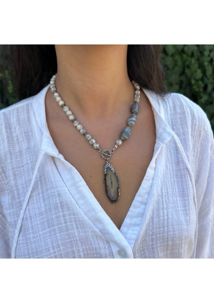 Havlit Doğal Taş Botswana Akik Doğaltaş Detaylı Dumanlı Kuvars Uçlu El Yapımı Özel Tasarım Kolye