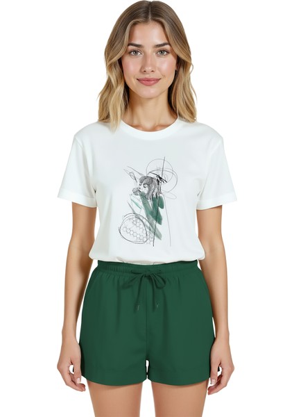 Kadın Beyaz Relaxed Fit %100 Pamuk Tişört – Çizgisel Portre & Yeşil Suluboya Vurgu Baskılı indirimleri