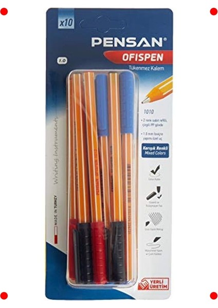 10'lu Çok Renkli Tükenmez Kalem Seti, 1 mm