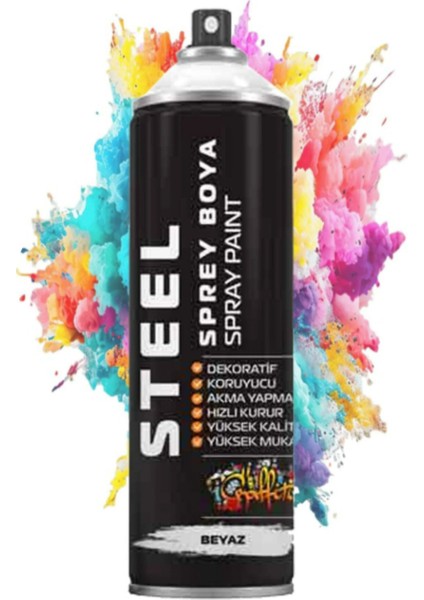 Beyaz Sprey Boya 200 ml Hızlı Kuruyan Renkli Profesyonel Ahşap Plastik Demir Metal Cam Porselen