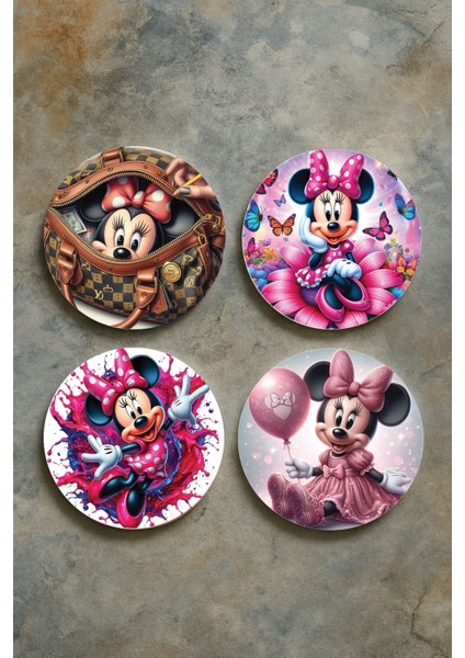 Ev Dekor Oval Pleksi Bardak Altlığı Temalı Desenli 4'lü Set Minnie