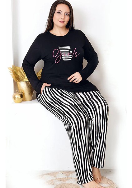 Lady Uzun Kollu Bisiklet Yaka Üst ve Çigili Desenli Alt Büyük Beden Viskon Kumaş Pijama Takımı