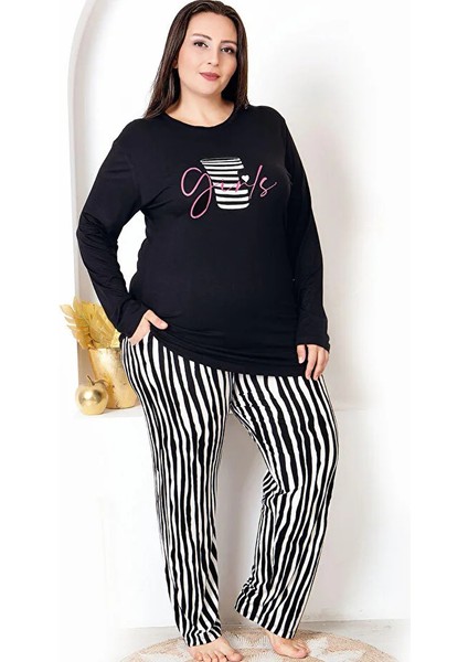 Lady Uzun Kollu Bisiklet Yaka Üst ve Çigili Desenli Alt Büyük Beden Viskon Kumaş Pijama Takımı fiyatları