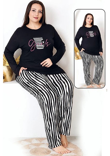 Lady Uzun Kollu Bisiklet Yaka Üst ve Çigili Desenli Alt Büyük Beden Viskon Kumaş Pijama Takımı modelleri