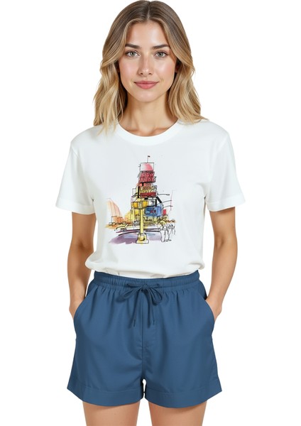 Kadın Beyaz Relaxed Fit %100 Pamuk Tişört – Times‑square Eskizli Baskılı fırsatları