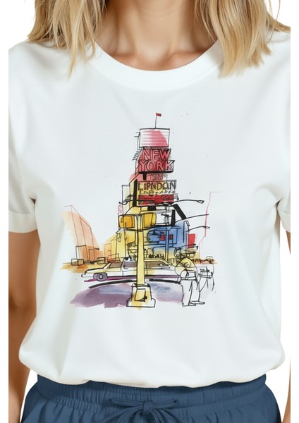 Kadın Beyaz Relaxed Fit %100 Pamuk Tişört – Times‑square Eskizli Baskılı indirimleri