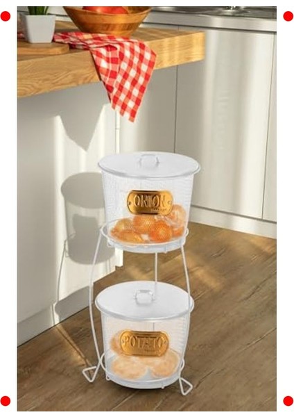 2 Katlı Beyaz Metal Patates Soğan Saklama Kovası Seti