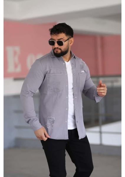 Erkek Kot Gömlek Slim Fit, Çift Cepli Geniş Düğmeli Likrasız Gömlek