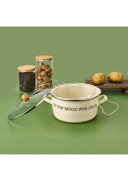 Emaye Kızartma Tenceresi - Krem - 22 cm