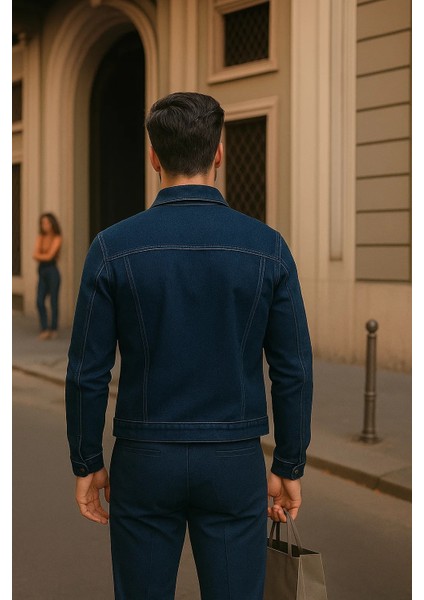 Erkek Günlük Mevsimlik Slim Fit Trend Lacivert Kot Ceket