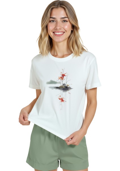 Kadın Beyaz Relaxed Fit %100 Pamuk Tişört – Yansıma Ada Suluboya Baskılı modelleri