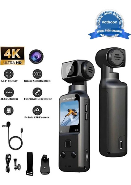 4K Ultra Hd 270° Döndürülebilir Su Geçirmez Wifi Vlog Spor ve Aksiyon Kamerası