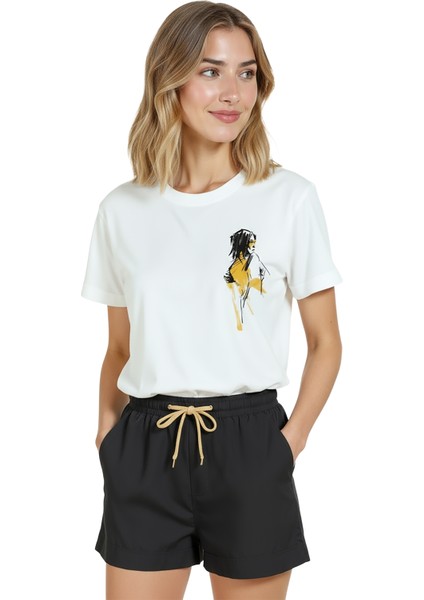 Kadın Beyaz Relaxed Fit %100 Pamuk Tişört – Sarı Doodle Profil Kız Baskılı fiyatları