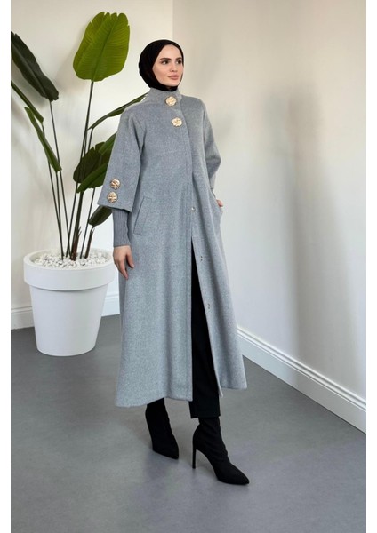 Matar Önü Çıtçıtlı Astarlı Kaşe Kaban Gri