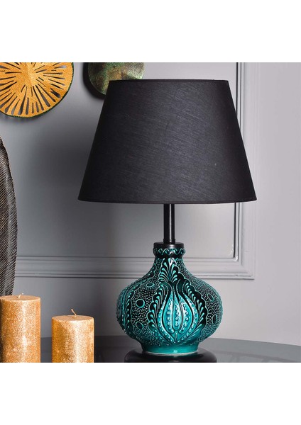 Light Patara Çini Detaylı Seramik Abajur - Siyah / Turkuaz