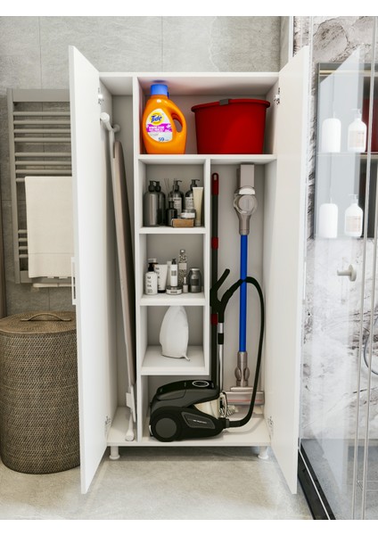 Çok Amaçlı Dolap Beyaz Banyo Düzenleyici Kiler Dolabı Kova Süpürge Deterjan Dolabı Krom