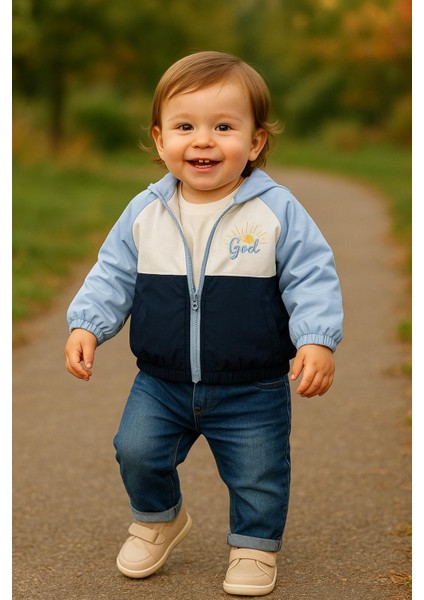 Kot Pantolonlu Buz Mavi Yağmurluklu Erkek Bebek Üçlü Takım