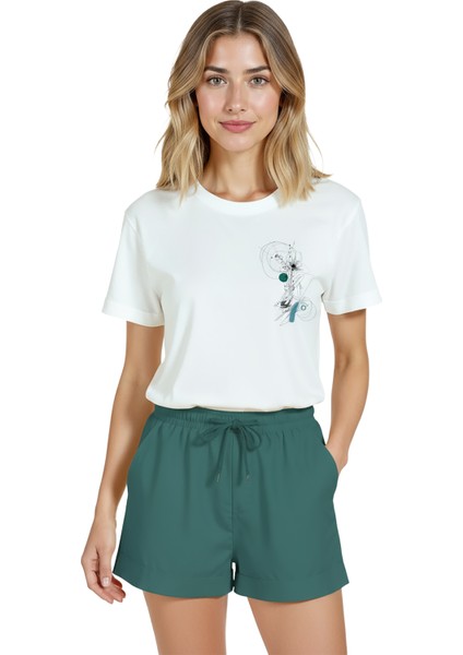 Kadın Beyaz Relaxed Fit %100 Pamuk Tişört – Soyut Geometrik Doodle Baskılı
