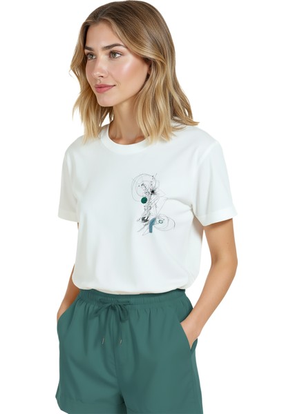 Kadın Beyaz Relaxed Fit %100 Pamuk Tişört – Soyut Geometrik Doodle Baskılı fiyatları