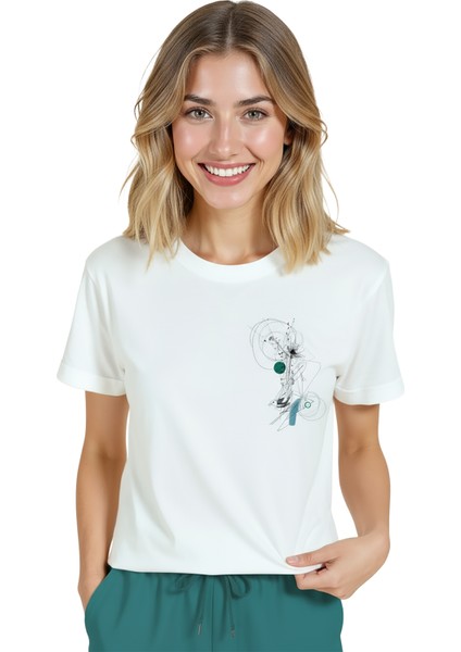 Kadın Beyaz Relaxed Fit %100 Pamuk Tişört – Soyut Geometrik Doodle Baskılı modelleri