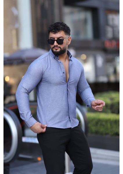 Saklı Düğmeli Slim Fit Klasik Yaka Uzun Kol Pamuk Gömlek