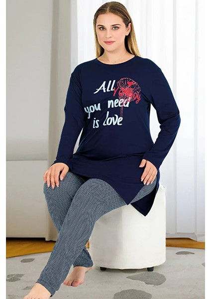 Lady Çizgili Yumuşacık Kapri Alt Uzun Kollu Lacivert Üst Büyük Beden Viskon Kapri Pijama Takımı fiyatları