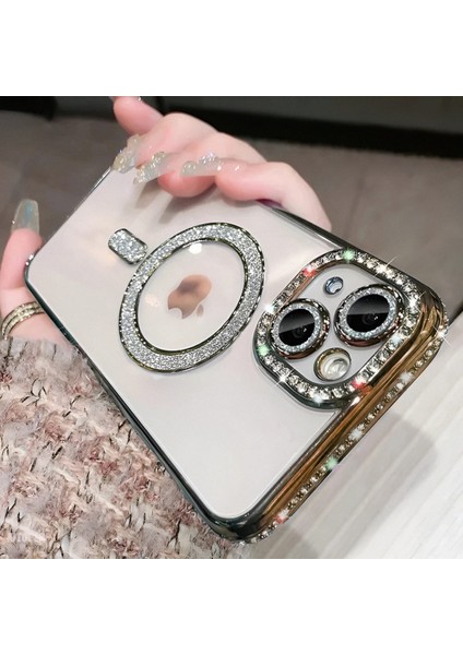 Iphone 15 Pro Uyumlu Şeffaf Taşlı Magsafe Özellikli Kılıf