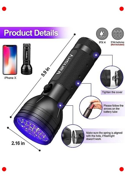 51 LED Mor Işık Uv Algılayıcı Fener modelleri