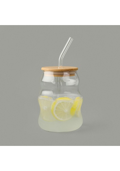 Bambu Kapaklı Pipetli Bardak - Açık Kahverengi / Şeffaf - 450 ml